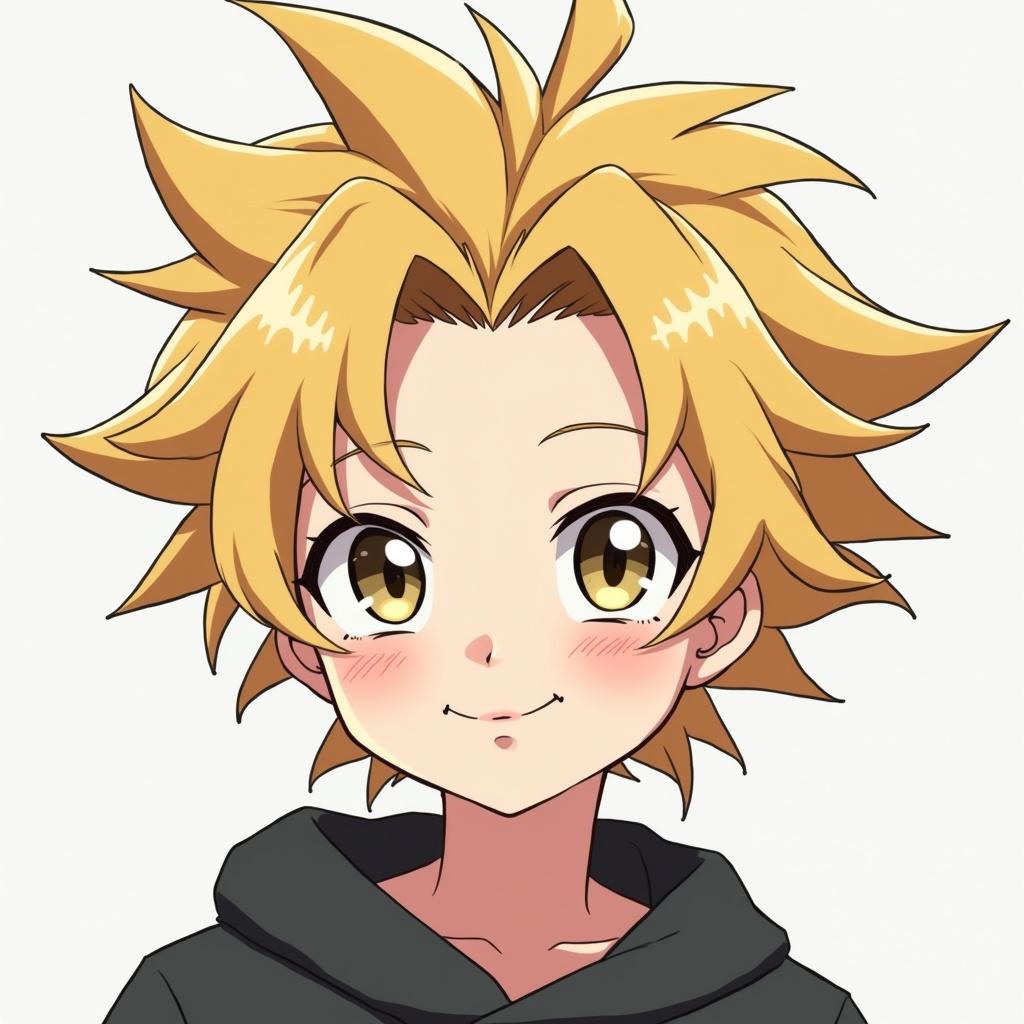 Young person with stylish wavy hair. Confident smile displayed. Androgynous features highlighted. Anime character has spiky blonde hair styled in a ponytail.