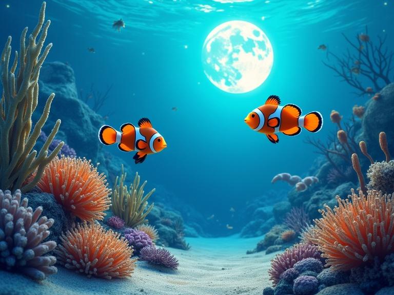 Two clownfish swim peacefully in the ocean. A beautiful moonlight shines above. The underwater scene features colorful corals. The feeling is calm and soothing. Ideal for children's bedtime stories.