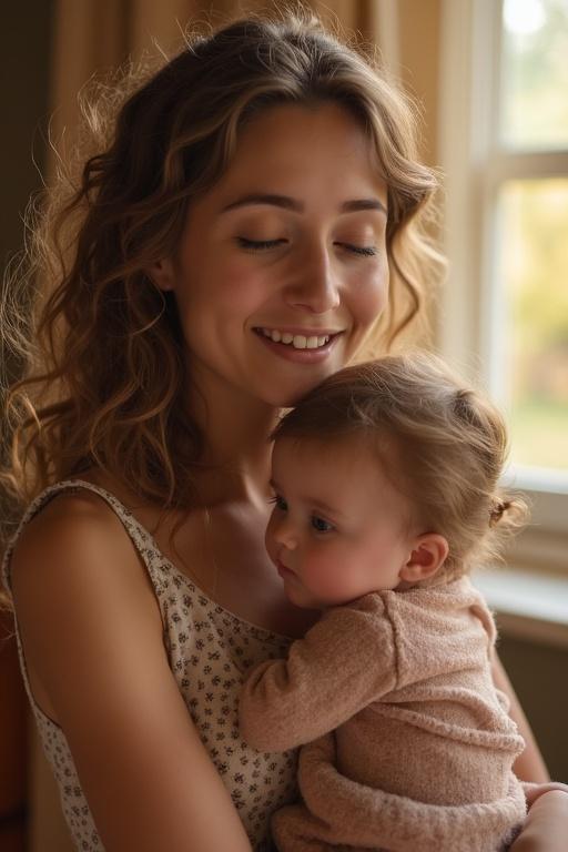 Beautiful mother holds her child. Smiling face radiates warmth and love. Pure joy in a cozy, sunny home environment.