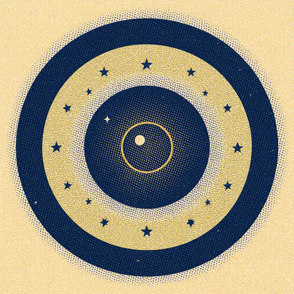 Image represents a logo with concentric circles. Central circle surrounded by smaller stars. Navy blue against a textured gold background. Simple and clean design.