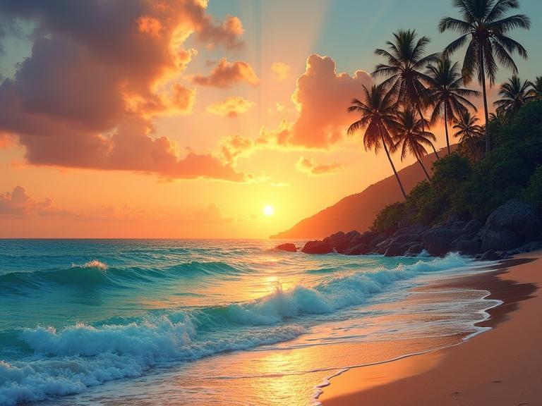 Sunset over a beach scene featuring surf waves, palm trees, and turquoise waters. Soft golden light reflects off the ocean.