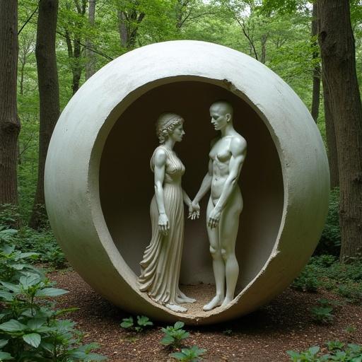 Depiction of Plato's story of spherical humans as an abstract sculpture in a forest. Abstract woman and man inside a hollow ball with transformation from human to ball shape.
