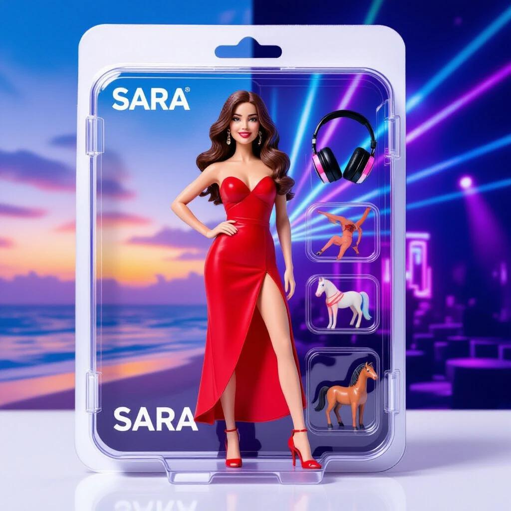 Diagonal view of a modern package labeled SARA. Transparent blister pack shows a full-body figure with fair skin and long wavy brown hair. Figure wears an elegant short red dress and red high-heeled shoes. Background features a beach at sunset and a nightclub with neon lights. Accessories include black headphones and various figures. Top front has DAFNE logo in silver, lower corner has neon blue icon. Soft lighting and reflections on plastic.