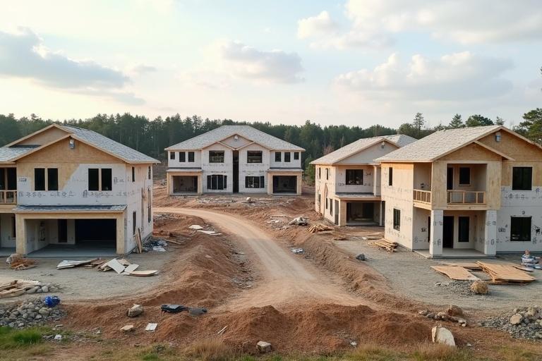 Several homes in various stages of construction. Dirt road between the homes. Surrounding area has trees, construction materials scattered around. Soft cloudy sky in background.