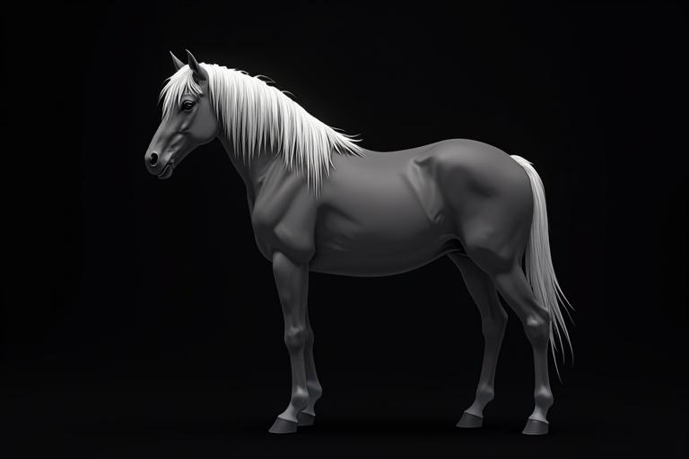 A gray horse styled in anime form. The horse is depicted as gray, which can transition from dark to light. The background is solid black to emphasize the horse's features.