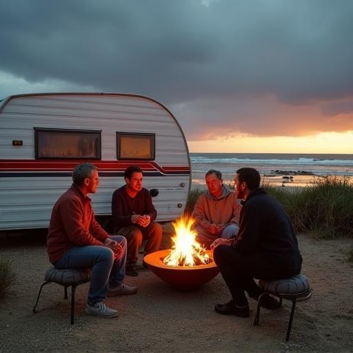 Image of four people sitting around a circular metal fire pit. 60s style Franklin caravan is in the background with a horizontal red stripe. Short scrub is behind the people and caravan. Beach with rock pools and waves is in the background. Storm clouds are coming during sunset.