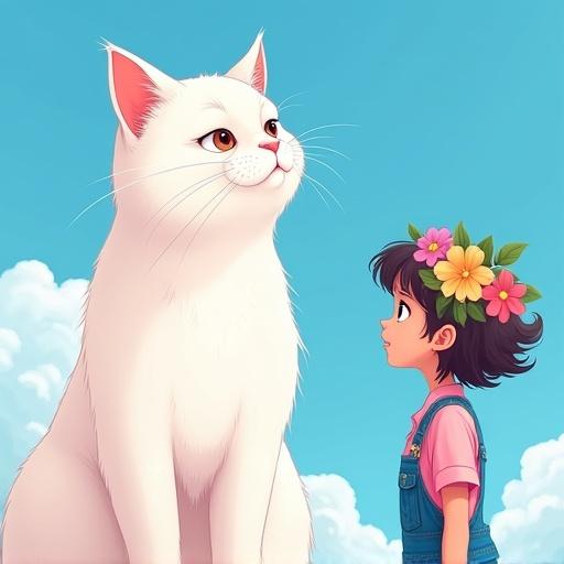 Illustration of a huge white cat and a cute girl facing sideways. Cat is larger than human. Cute girl wears colorful flowers on her head. Girl dressed in work and denim clothes. Background features blue sky and white clouds. Soft blue color theme dominates the scene.
