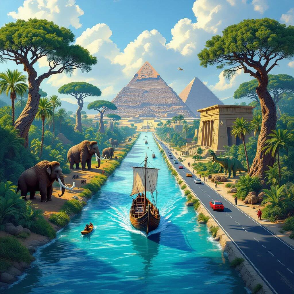 Image divided into two halves by waterway flowing from top to bottom. Right side features dense lush forest with ancient trees and prehistoric animals. Ancient weathered building and pyramids visible in background. Traditional sailing ship moving along waterway. Left side depicts modern scene with asphalt road and contemporary trees. Modern animals and architectural marvels like Burj Khalifa featured. Modern boat contrasts ancient sailing ship. Waterway clear and reflective with ducks and crocodiles. Sky blended with dawn and dusk creating gradient.