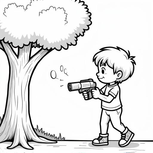 Illustration of a child playing with a bubble gun next to a tree. No shading. Only thick black outlines.