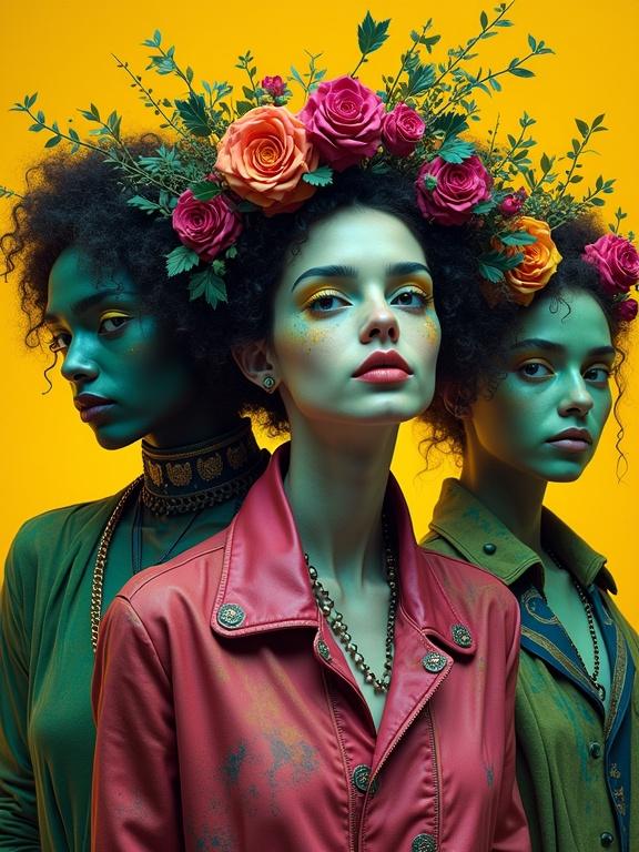 A surreal portrait of three individuals in colorful attire. The figures wear shades of green, magenta, and blue. Their hairstyles are adorned with flowers. The background features yellow ochre and burnt sienna. The composition highlights their striking appearance with dramatic lighting and vivid colors.