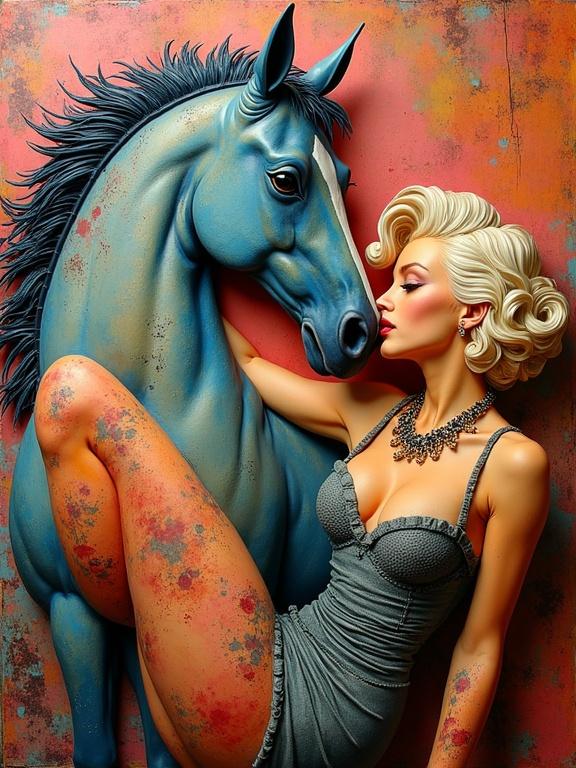 3D multi-layered artwork featuring a woman and a horse. Detailed and colorful representation. Inspired by multiple artists' styles. Emphasize a whimsical and intricate design.
