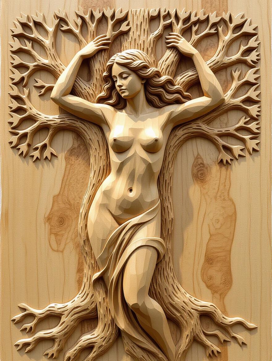 A detailed wooden relief carving depicts a nude woman. The design integrates a tree with visible wood grain. The artwork embodies the spirit of nature. The piece presents an organic union between human form and nature.