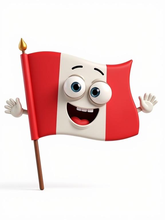 A cute animated flag of Peru with big cartoon eyes and a happy smile. The flag has small arms and is waving hello in a friendly joyous pose. Bright 3D style on a white background designed for children's animation.