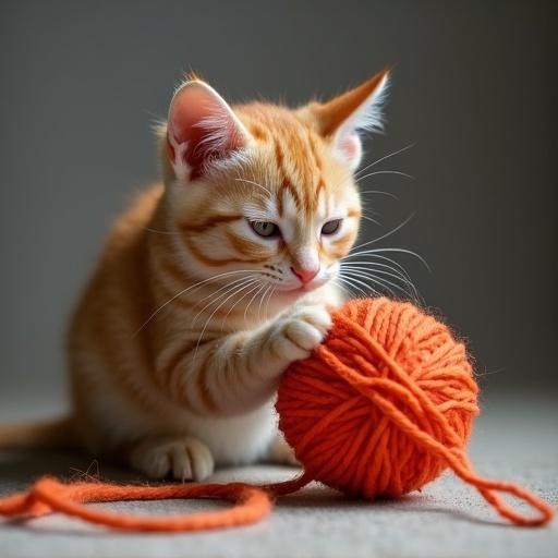 A kitten playing with a ball of orange yarn. The cat has a playful expression while interacting with the yarn.