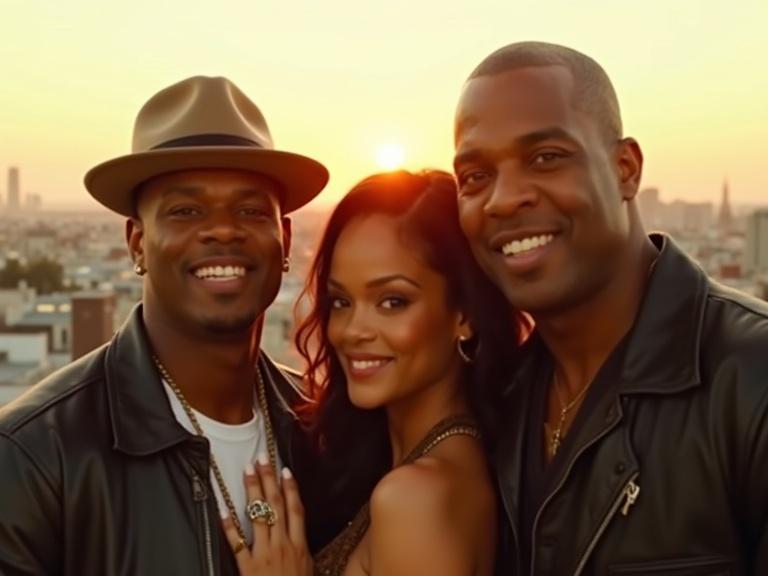 Close up of three celebrities enjoying sunset. Two male artists stand confident in front with smiles. A female artist poses between them with hand on a shoulder. Background features golden sunset over city skyline.
