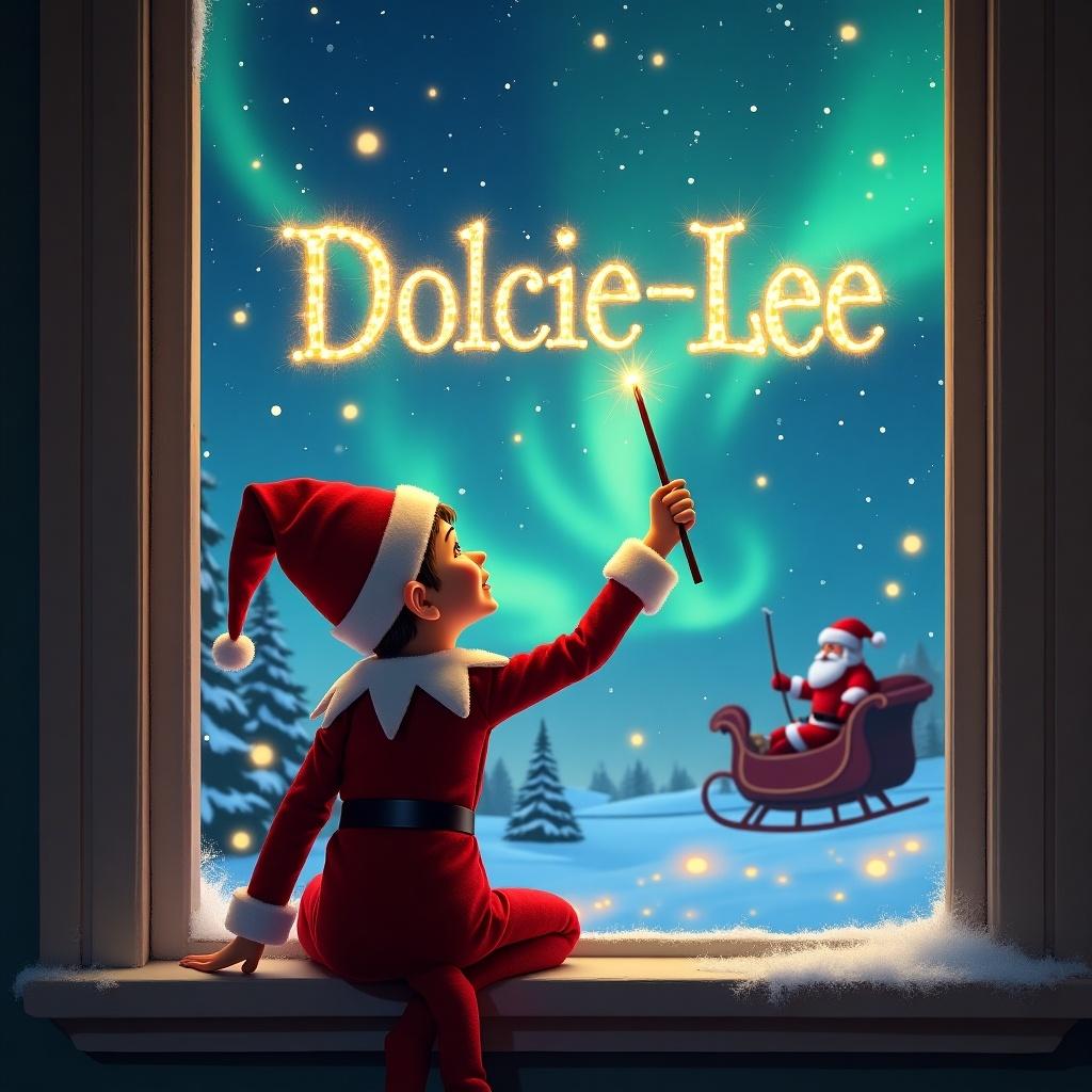 The image features an elf sitting on a window ledge with his back to the viewer. He is facing the sky, using a wand to write the name 'Dolcie-Lee' in shimmering letters. The background is enchanting, depicting a magical Christmas scene complete with twinkling stars and colorful northern lights. In the background, Santa Claus can be seen in his sleigh, adding to the festive atmosphere. The elf is dressed in a classic red outfit and a pointed hat, emphasizing the holiday spirit.