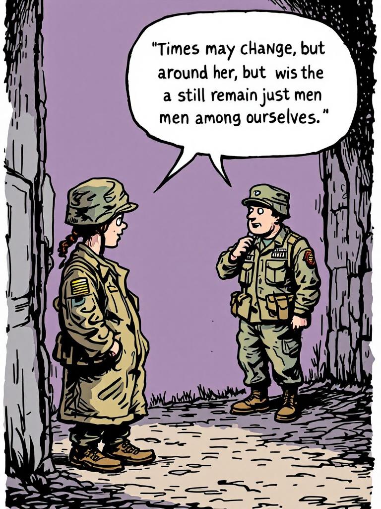 Vertical cartoon depicting a female soldier reporting inappropriate behavior to a male commander in military uniforms. Female soldier stands confidently. Commander argues about traditional male roles. Dialogue bubbles included.