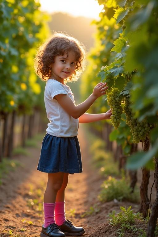 A girl checks grapes in a vineyard. She wears a white top and blue skirt with pink socks. Sunlight creates a warm atmosphere. Dark curly hair frames her face.