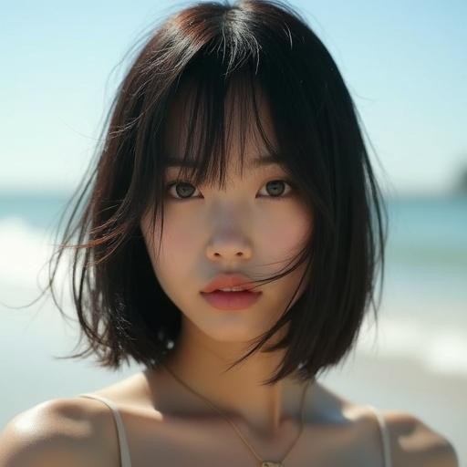 Portrait of a young Japanese woman with dark straight bob hair at a sunny beach. She has an angry expression. Image done in photogravure style.