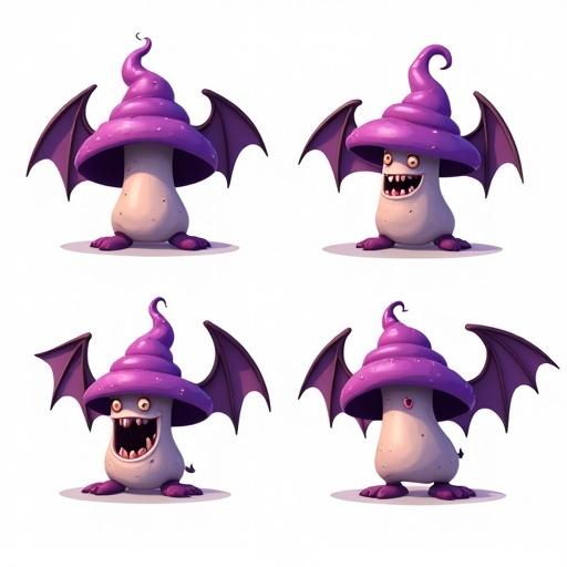 Mushroom monster with purple hat. Character has two bat wings and two legs. Depicted in four poses. Style is horror themed. Background is white. 45-degree angled view. Art style is cartoon and flat color.