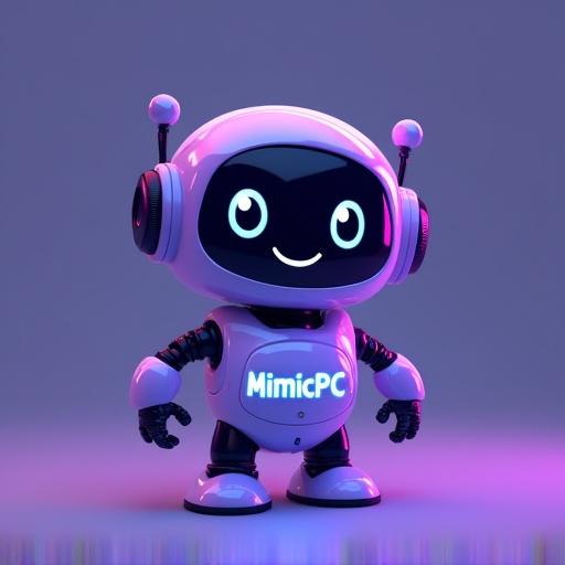 Adorable mini AI robot mascot for MimicPC. Abstract techy body with a gradient of purple and blue. Smiling expression with big black eyes. The word 'MimicPC' glows on its chest. Integrated camera and mic icons into its design. Minimalist design with a clean 2D logo style.