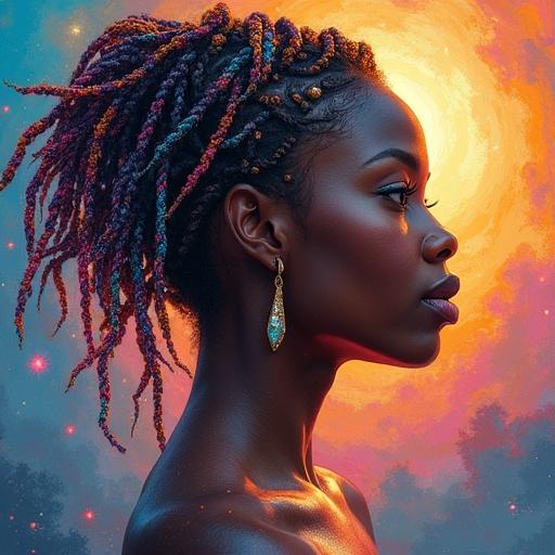 A mesmerizing portrait of a black woman with radiant skin. Hair styled in colorful braids. Features showing strength and joy. Background is a vibrant cosmic swirl. Rendered in a glitched pencil sketch style.