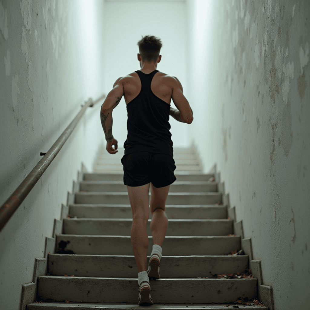 A person in athletic attire is running up a dimly lit stairwell.