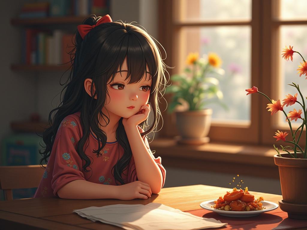 A child seated at a dining table. The child appears thoughtful. A delicious plate of food is positioned in front of the child. Natural light filters through a nearby window, creating a warm atmosphere. Flowers and greenery in the background enhance the cozy indoor setting.