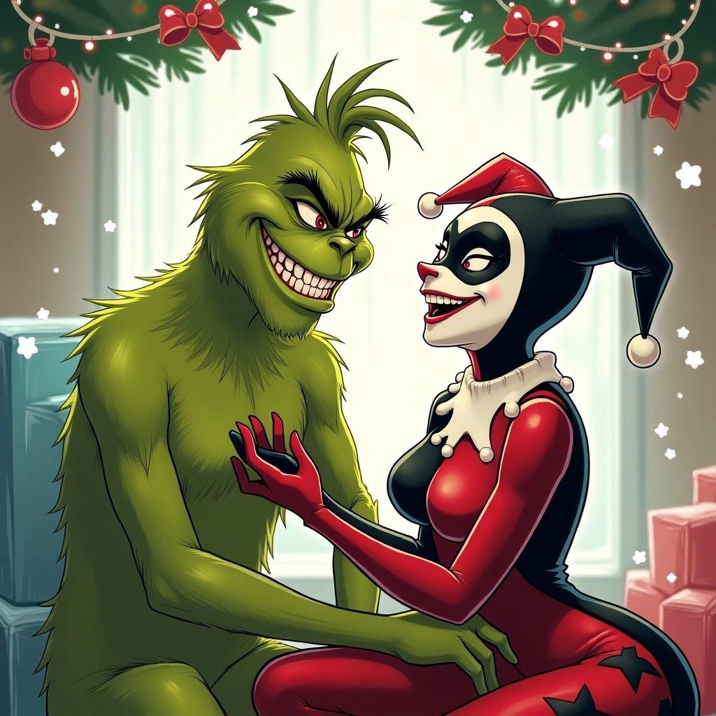 Grinch and Harley Quinn in a Christmas setting. Bright colors and festive elements surrounding them.