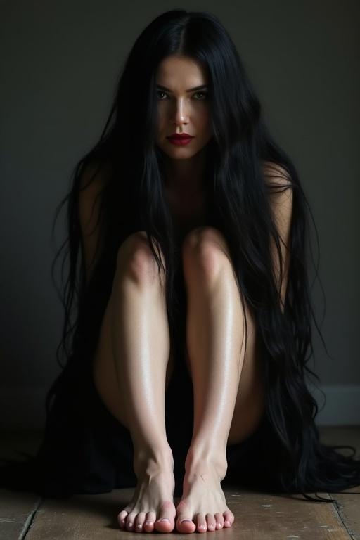 Image shows mature goth woman with long black hair. She sits on the floor with legs drawn up. The soles of her bare feet are visible. Dark and moody atmosphere surrounds the scene.