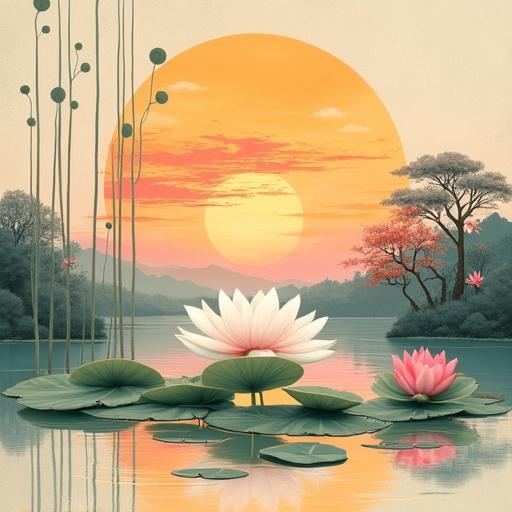 A serene landscape painting with a vibrant sunset over water. Lotus flower in the center with lily pads surrounding. Warm hues in the sky. Calm reflection on the water. Soft clouds and trees in the background. Captures natural harmony and beauty.