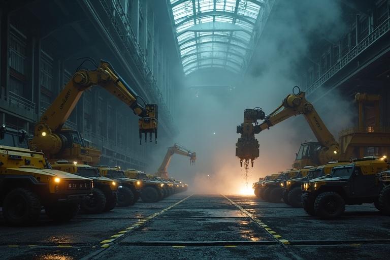 Cinematic scene in a dark factory with robotic arms assembling military vehicles. Industrial backdrop features steam and light effects. Emphasis on realism with detailed textures and shadows.
