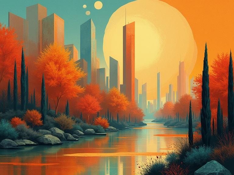 Art Deco digitally printed poster depicting geometric structures. Elaborate spiritual autumn landscape with aquamarine and amber colors. City skyline in the background. Inspired by Slawomir Maniak and Redshift.