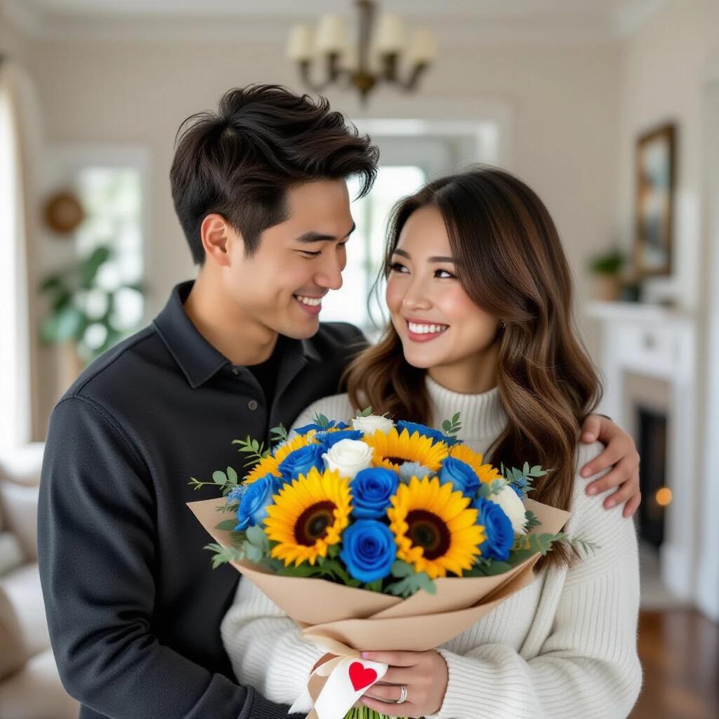A young couple smiles shyly at each other. The man has tousled dark brown hair wearing a charcoal jacket. The woman with medium length straight brown hair wearing a white sweater. They are in a spacious home with a romantic atmosphere. The man embraces the woman from behind. She holds a bouquet with sunflowers, blue roses, marsh-rosemary, and eustomas in a light brown wrapper with a white ribbon. A red heart image is on the ribbon. The bouquet's petals have warm tones. The woman smiles at the bouquet.