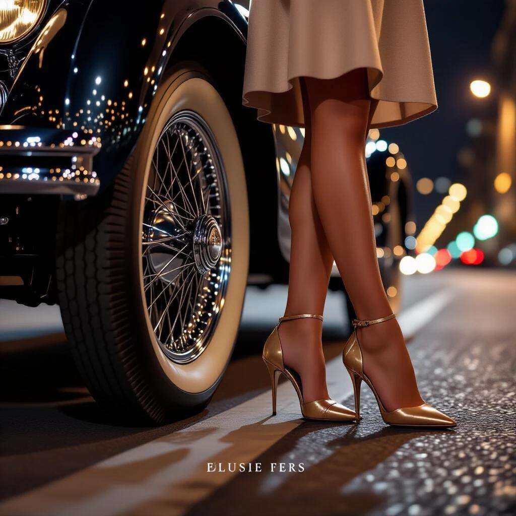 Cinematic ultra close-up of a vintage Bugatti Type 57 car wheel beside delicate female ankles in high heels. Low perspective angle showing shoe details and car textures. Nighttime city background with blurred golden streetlights. Photorealistic style with dramatic lighting.