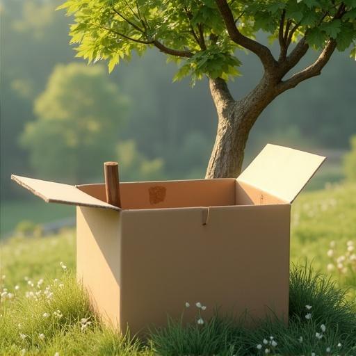 An empty carton box with no lid. A black spot is on the box. The box is under the branch of a tree. A small stick is inside the box.