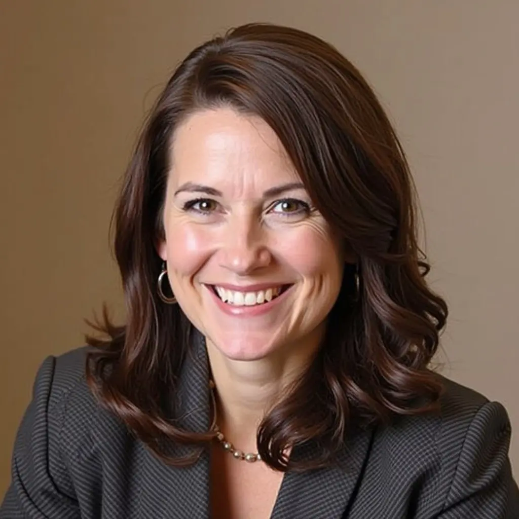 Professional headshot of a woman with long brown hair. She wears a black blazer and has a pearl necklace. The photo has a soft focus and a warm tone.