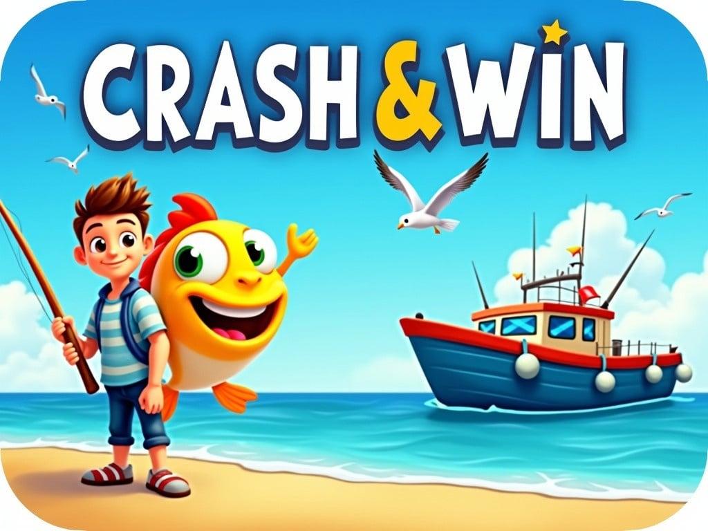 This image depicts a colorful and vibrant beach scene. In the foreground, there is a character holding a fishing rod, dressed in casual attire. Behind the character, a cheerful cartoonish fish is leaping, symbolizing a fun fishing adventure. A boat is anchored offshore, decorated with fishing gear, adding to the maritime theme. The sky is clear with seagulls flying overhead, and the text 'CRASH & WIN' prominently featured conveys a sense of excitement and gaming. Overall, the image has a playful and inviting atmosphere, perfect for an entertainment or gaming advertisement.