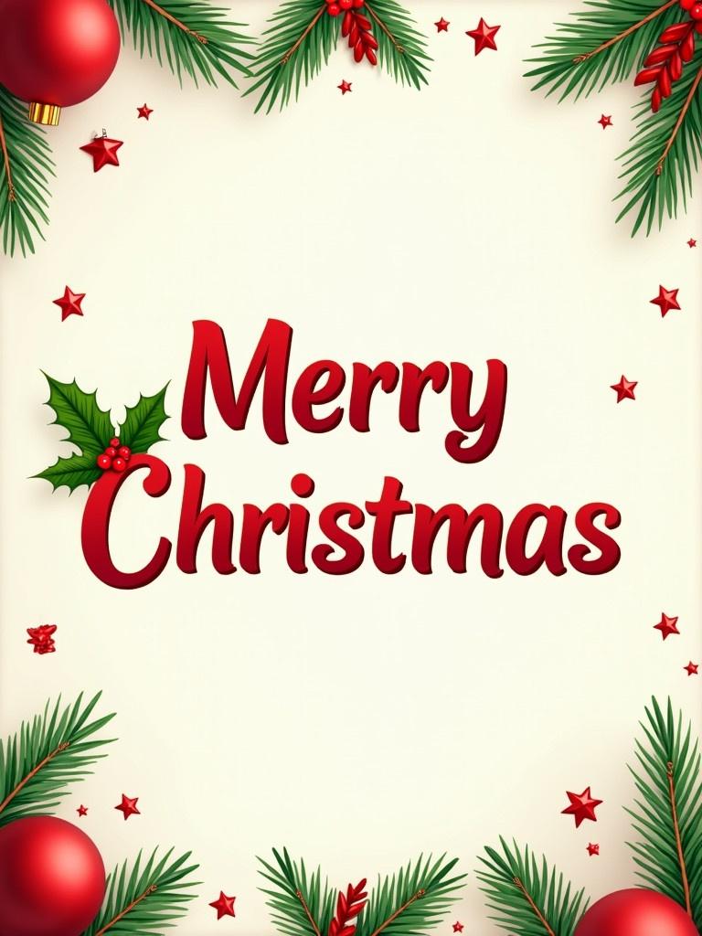 Design of a greeting card emphasizing Merry Christmas. Decorations include holly leaves and red ornaments in the border. Bright cheerful colors create a warm atmosphere suitable for festive occasions.