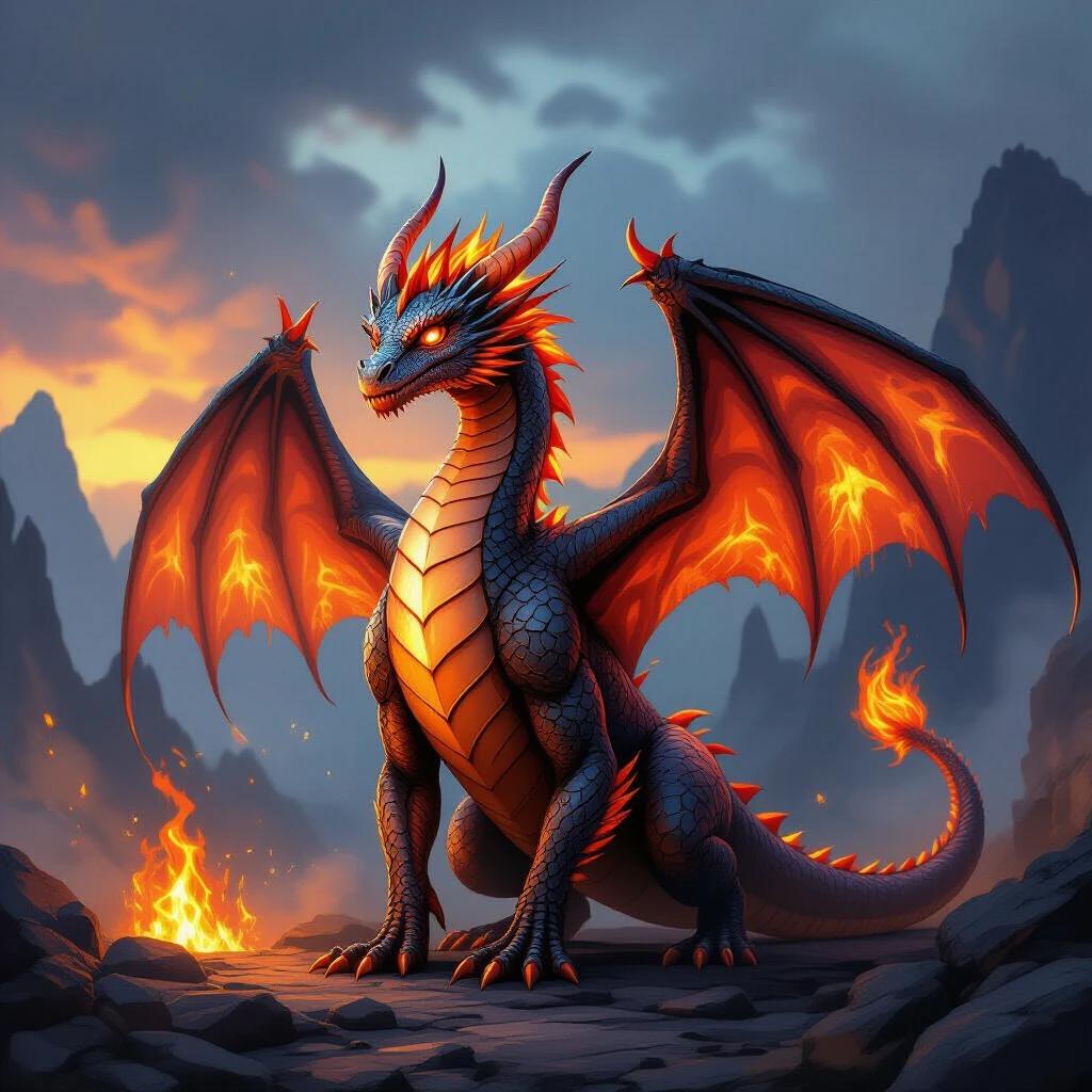 A dragon stands majestically with fire wings. Scales resemble lava. Background shows mountains and a fiery landscape. Sky has dramatic clouds. Dragon possesses fierce glowing eyes.