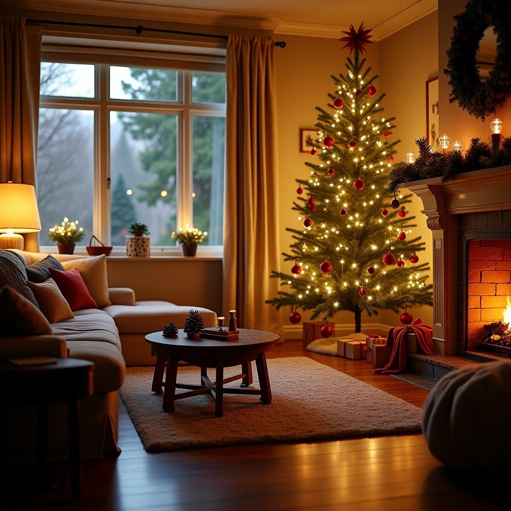 Cozy living room decorated for Christmas. A tall Christmas tree with lights shines in the corner. Warm lighting comes from a lamp and a glowing fireplace. A soft rug lays on the wooden floor. Gifts are scattered around the tree. Decorative elements create a festive atmosphere.