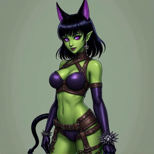 High quality portrayal of a goblin character. Green skin with purple eyes and accessories. Shoulder-length black hair with purple tips. Dressed in a bondage outfit featuring a harness and gloves. Character poses in a cowboy shot; face is smiling.