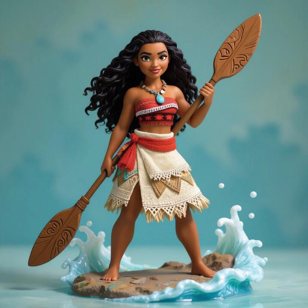 Ultra-detailed stylized resin figure inspired by Princess Moana. Curvy powerful brown-skinned woman inspired by an ocean princess stands strong with one leg forward and hip rotated. Wears tribal dress in earth tones turquoise and blue with flowing fabrics. Holds carved ceremonial oar in resting position symbolizing connection to sea. Long wavy hair moved by sea breeze. Expression conveys security freedom connection to nature. Base represents rocky platform surrounded by moving water with sea foam. Ideal for fantasy figure collection.