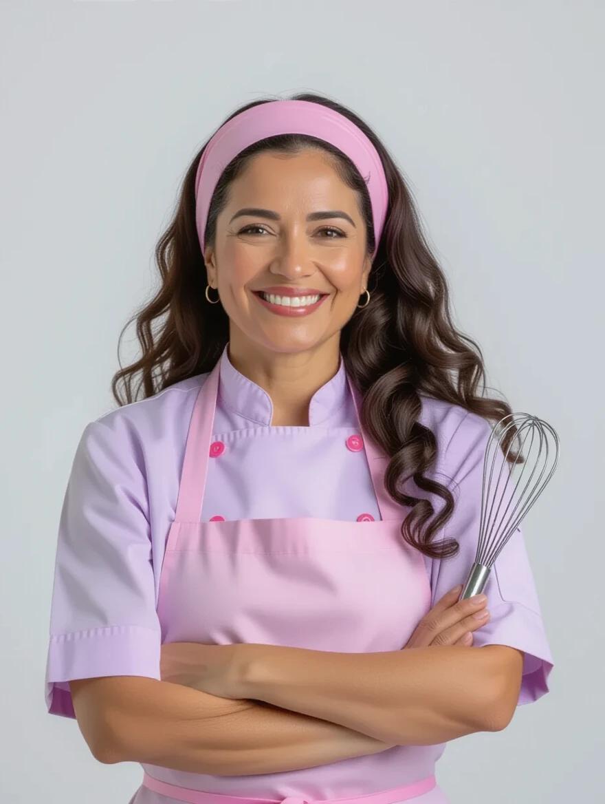 Portrait of a Brazilian pastry chef standing in front of a white background. She has dark skin with long curly hair tied back with a pink headband. Wearing a light lilac chef's blouse and pink apron. Holding a whisk with arms crossed confidently. Friendly and professional expression. Studio lighting with DSLR quality.