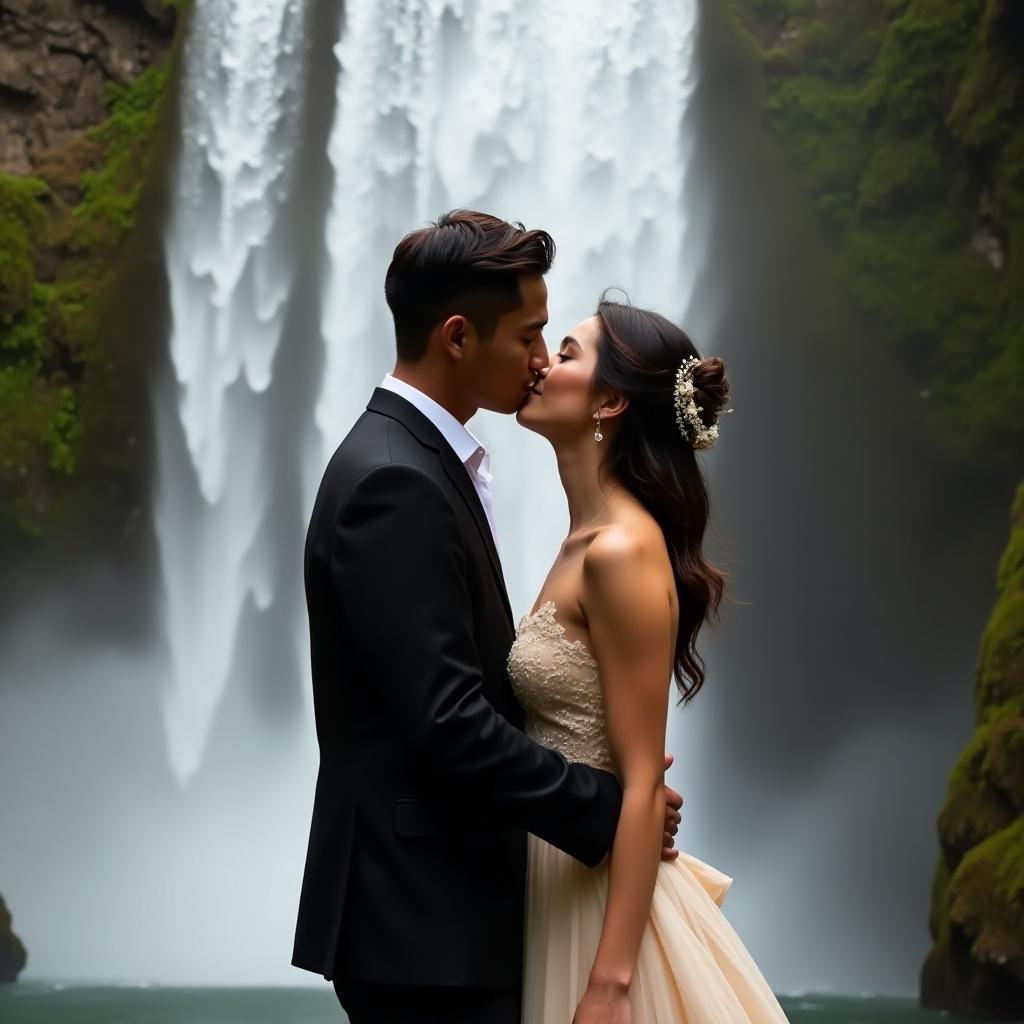 A couple shares a kiss in elegant attire, set against a stunning waterfall backdrop. The scene captures the beauty of nature with cascading water creating a misty atmosphere. The man is dressed in a black suit while the woman wears a flowing, cream-colored gown. Their embrace conveys deep affection, framed perfectly by the lush green surroundings. This romantic moment illustrates the perfect blend of love and nature.