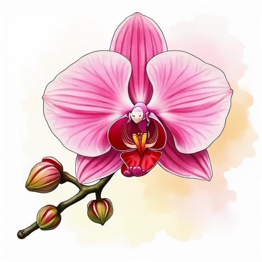 Colorful watercolor drawing of an orchid on a transparent background.