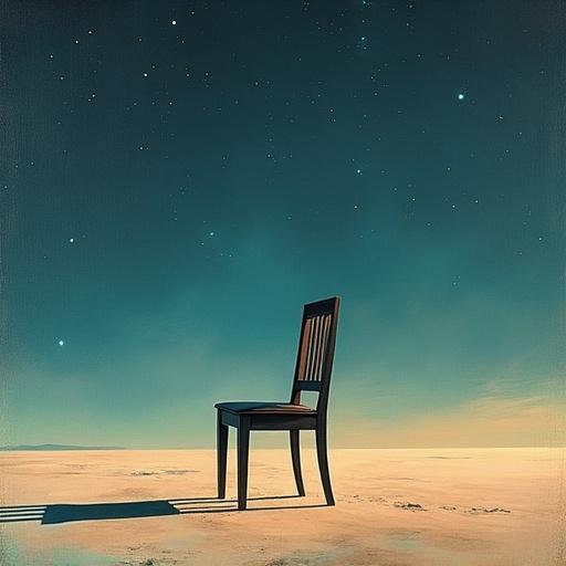 Lonely chair floats in outer space. Dreamlike minimalist composition displays surrealism with abstract forms. Textured brushwork evokes emotions.