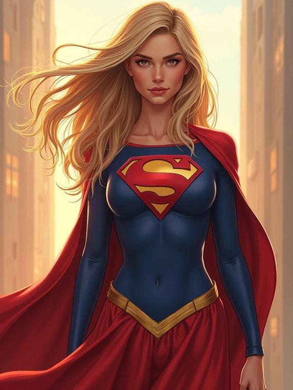 Illustration of Supergirl in a heroic pose in an urban environment. Vibrant colors and dynamic lighting. Focus on strength and confidence.