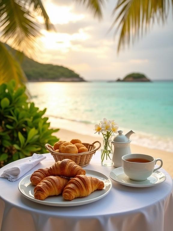 Tropical beachside breakfast on white tablecloth. Golden croissants and pastries in wicker basket. White teacup and teapot with tea. Clear vase with white flowers. Calm turquoise ocean reflecting sunrise. Lush island in distance with palm trees.