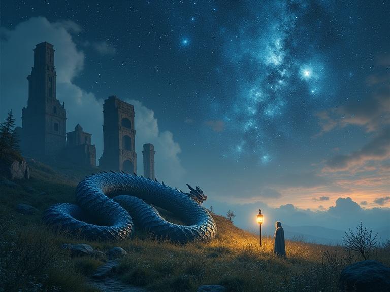 Surreal mystical landscape at twilight; a large coiled dragon made of starlight lying asleep; ancient ruins and wildflowers in the foreground; dimly glowing lantern held by a cloaked figure; sky featuring stars and symbols from different cultures; atmosphere of silence and awe.